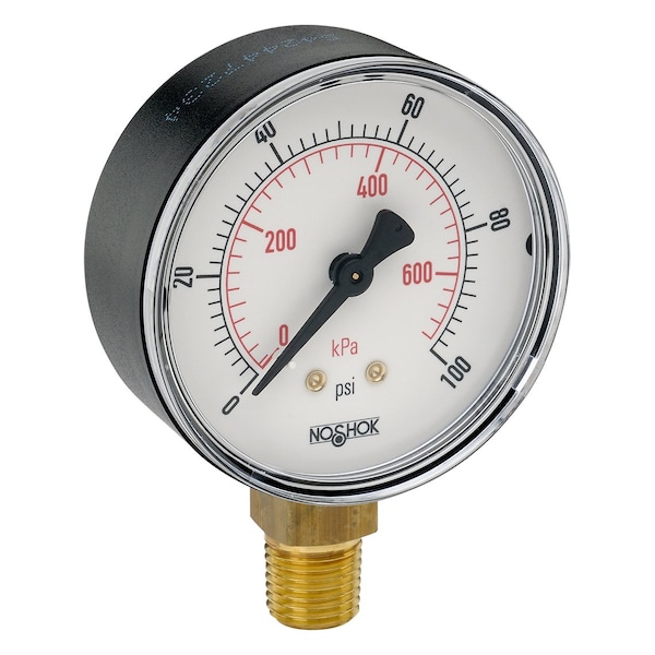 Dry Pressure Gauge, -30 inHg to 0 to 100 psi psi, 2-1/2 in Dial, 1/4 in NPT, Bottom Location